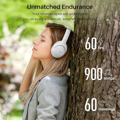 TOZO HT2 Hybrid Active Noise Cancelling Headphones, Wireless Over Ear Bluetooth Headphones, 60H Playtime, Hi-Res Audio Custom EQ via App Deep Bass Comfort Fit Ear Cups, for Home Office Travel White