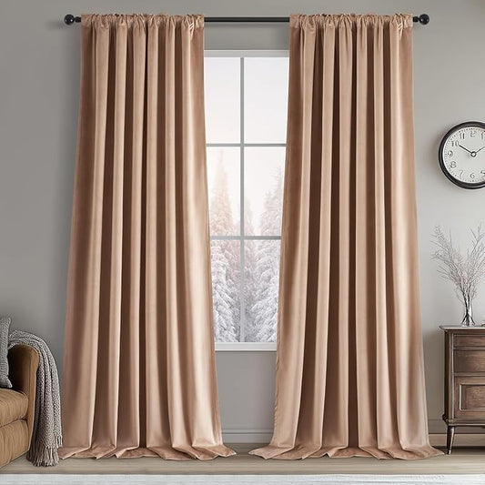 Topfinel 92 Inch Long Velvet Black Out Custom Drapery 2 Panels, Blush Beige Blackout Sun Blocking Tab Top Curtains Room Divider, Internet Famous Textured Curtains 52" X 92", Bay Window