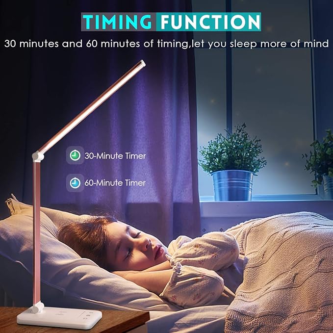 LED Desk Lamp with Wireless Charger, USB Charging Port, Desk Lighting with 10 Brightness, 5 Color Modes, Dimmable Eye Caring Reading Desk Lamps for Home Office, Touch Control, Auto Timer, Pink