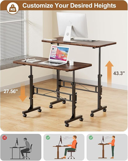 Small Standing Desk Adjustable Height, Mobile Stand Up Desk with Wheels, 32 Inch Portable Rolling Desk Small Computer Desk, Portable Laptop Desk Standing Table Rustic