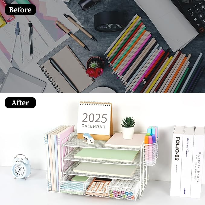 gianotter Paper Letter Tray Organizer with File Holder, 4-Tier Desk Accessories & Workspace Organizers with Drawer and 2 Pen Holder, Desk Organizers and Accessories for Office Supplies (White)