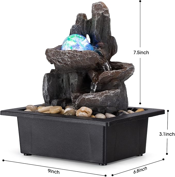 Tabletop Fountain Rotating Ball Rock Waterfall Fountain Office Tabletop Fountains for Home Office Decor Includes Many Natural River Rocks Decorated with Colorful Lights and Rolling Ball