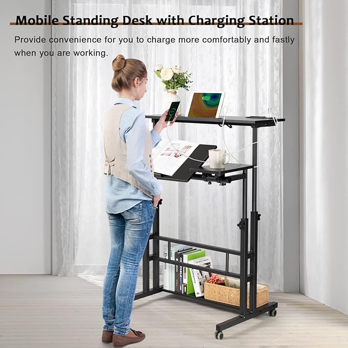 Hadulcet Stand Up Desk, Rolling Desk Adjustable Height, Mobile Standing Desk with Wheels & Charging Station, Portable Desk for Laptop, Rolling Computer Cart TV Tray, Small Standing Desk Drawing Desk