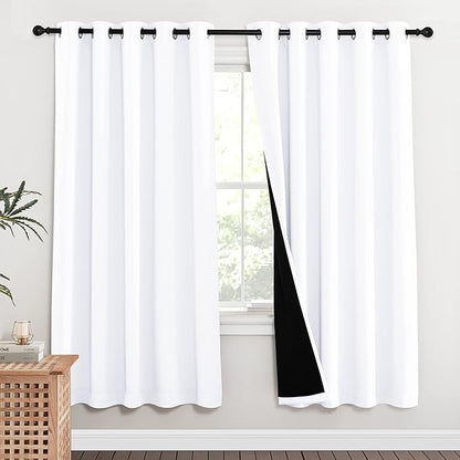 NICETOWN 100% Blackout Window Curtain Panels, Full Light Blocking Drapes with Black Liner for Nursery, 72-inch Drop Thermal Insulated Draperies (White, 2 Pieces, 62-inch Wide Per Panel)