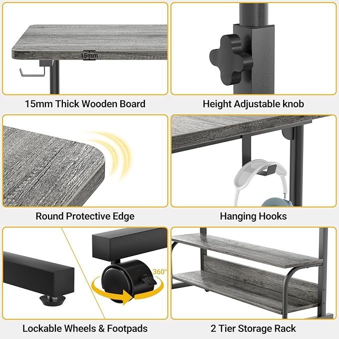 32" Height Adjustable Standing Desk with Power Outlets - Manual Rolling Stand Up Desk with Wheels Small Portable Computer Desk Mobile Laptop Table with Storage Shelves for Home Office, Grey Oak