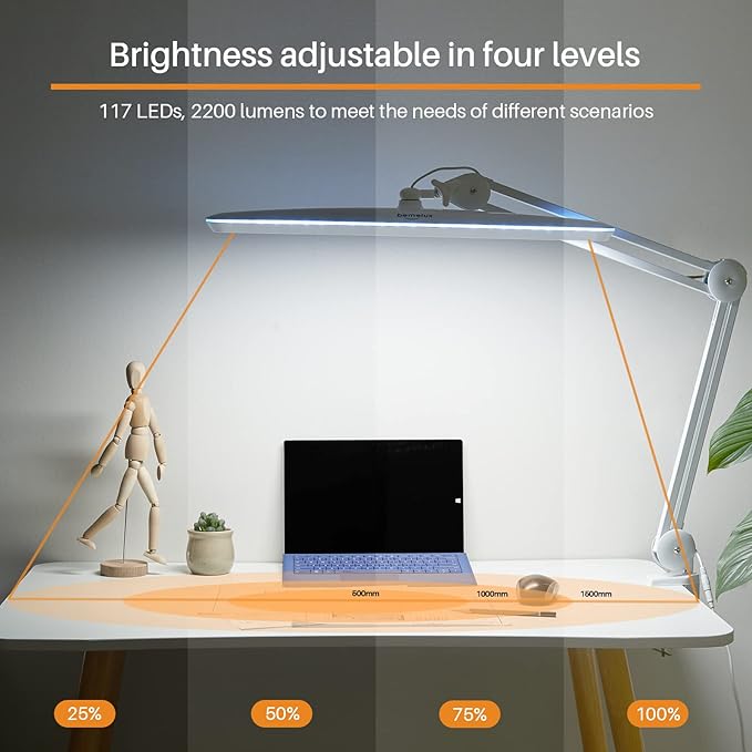 Task Lamp with Clamp, Bright 117PCS LEDs, Metal Swing Arm 24W 2200 Lumen Dimmable Led Desk Lamp for Architect Home Office Study Reading Dorm Workbench Craft, 23 Inch Lamp Head Work Lamp(White)