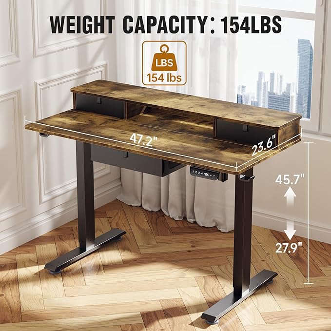 Veken Standing Desk with 3 Drawers and Raised Storage Shelf, Electric Height Adjustable Sit Stand Table, Ergonomic Office Computer Desks for Workstation, Home, Study, Writing, Gaming, 47.2 Inch, Brown