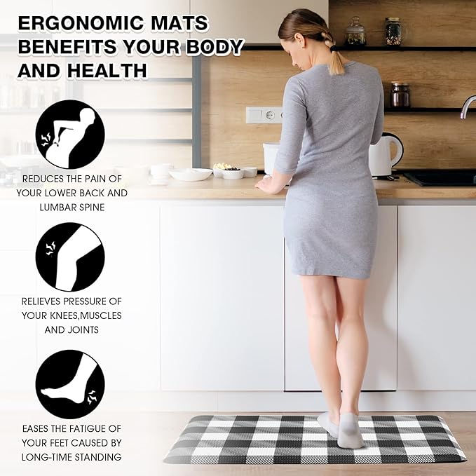 MAYHMYO Kitchen Mat Anti Fatigue Cushioned Black and White Buffalo Plaid Kitchen Rug Kitchen Floor Mat Non-Skid & Waterproof Ergonomic Comfort Standing Desk Mat for Floor Home Office Sink 17.3"x28"