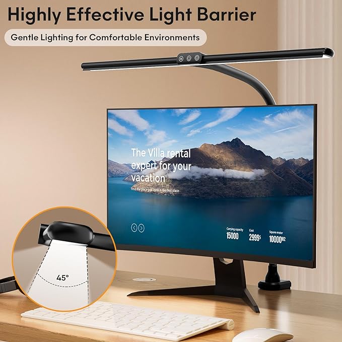 Hokone Desk Lamps for Home Office, 31.5" Wide Architect Desk Lamp with Clamp, Tall Office Lamp Dimmable, Black Desk Light with Timer, Bright Gooseneck Lamp for Workbench/Desktop