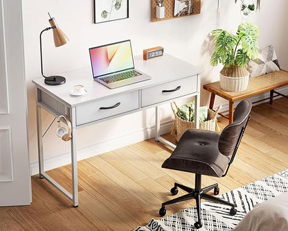 ODK 40 Inch Small Desk with Fabric Drawers- for Bedroom, White Vanity Desk with Storage, Home Office Computer Desk for Small Spaces, Modern Work Writing Study Table, White