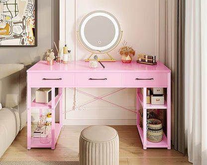 ODK Vanity Desk with Fabric Drawers & Storage Shelves, Makeup Dressing Table, Home Office Desks for Bedroom, Modern Simple Writing Desk,Pink, 48"x16" (No Mirror