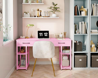 ODK Vanity Desk with Fabric Drawers & Storage Shelves, Makeup Dressing Table, Home Office Desks for Bedroom, Modern Simple Writing Desk,Pink, 48"x16" (No Mirror