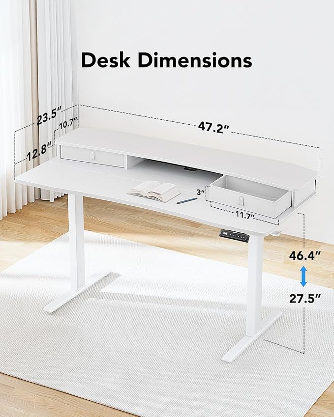 HUANUO 48″ x 24″ Electric Standing Desk with 2 Drawers, C-Clamp Mount Compatible, Height Adjustable Computer Desk, Home Office Stand Up Desk with 4 Preset Heights & 2 Hooks, White