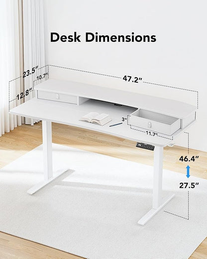 HUANUO 48″ x 24″ Electric Standing Desk with 2 Drawers, C-Clamp Mount Compatible, Height Adjustable Computer Desk, Home Office Stand Up Desk with 4 Preset Heights & 2 Hooks, White