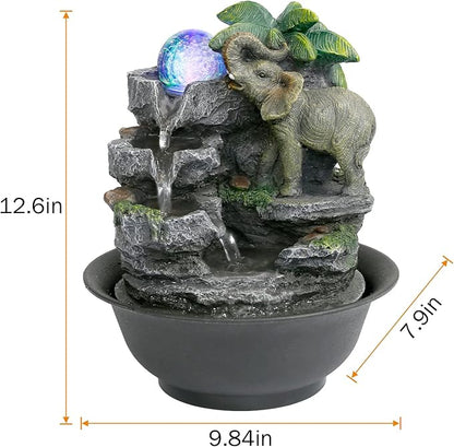 BEAMNOVA Tabletop Fountain,Relaxation Water Feature Feng Shui Indoor Fountain of Elephant Sculpture with Colorful Spinning Ball for Home Office Desktop Décor