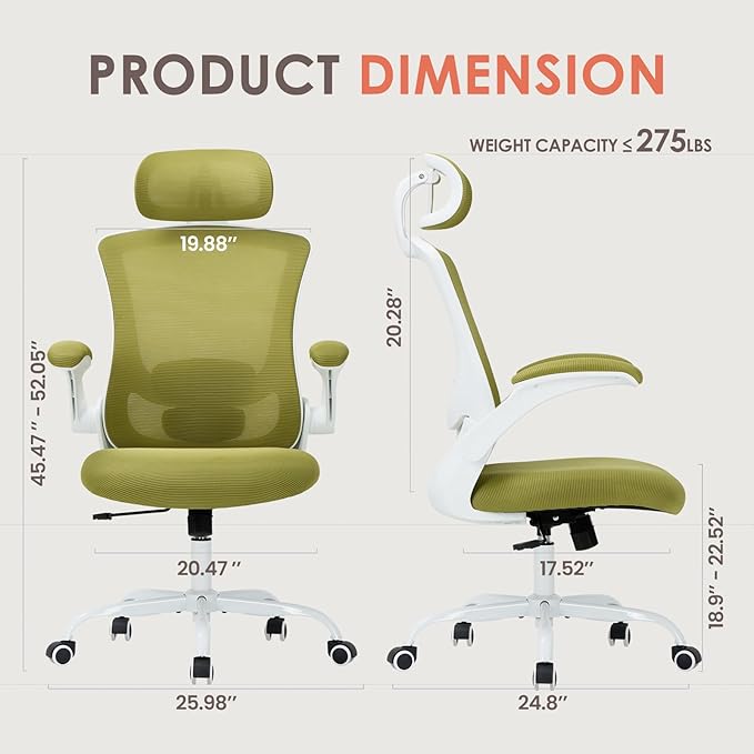 Ergonomic Mesh Office Chair, High Back Executive Desk Chair with Adjustable Headrest and Lumbar Support, Flip-Up Arms, Rocking, Swivel Rolling Computer Mesh Chair for Home Office-Green