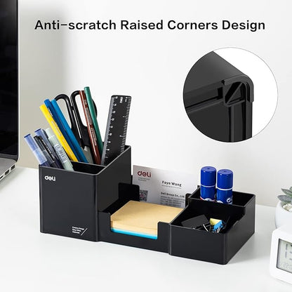 deli Desk Organizer, Plastic Desktop Organizer with Pencil Holder and Sticky Note Tray, Office Stationery Supplies Organizers Accessories Caddy, 6 Compartments, Black