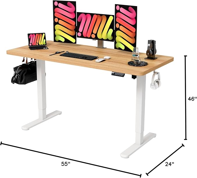 Monomi Electric Standing Desk, 55 x 24 inches Height Adjustable Desk, Ergonomic Home Office Sit Stand Up Desk with Memory Preset Controller (Natural Top/White Frame)