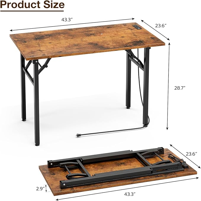 TEMI Small Computer Desk Folding Table - No Assembly, Compact 43.3" Foldable Desk with Power Outlets & USB Charging Port, Portable Small Office Desk, Ideal Mini Study Table for Small Spaces, Brown