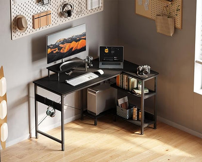 ODK 47 Inch Small L Shaped Computer Desk with Reversible Storage Shelves, L-Shaped Corner Desk with Monitor Stand for Small Space, Modern Simple Writing Study Table for Home Office Workstation, Black