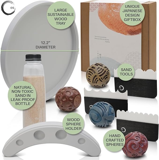 ENSO Japanese Zen Garden Kit for Desk - Inori Premium Sand Garden Gift Set for Meditation Therapy - Mini Zen Décor Office Desktop Accessories - Solid Wood Tray, 4 Hand Crafted Spheres & Custom Holder