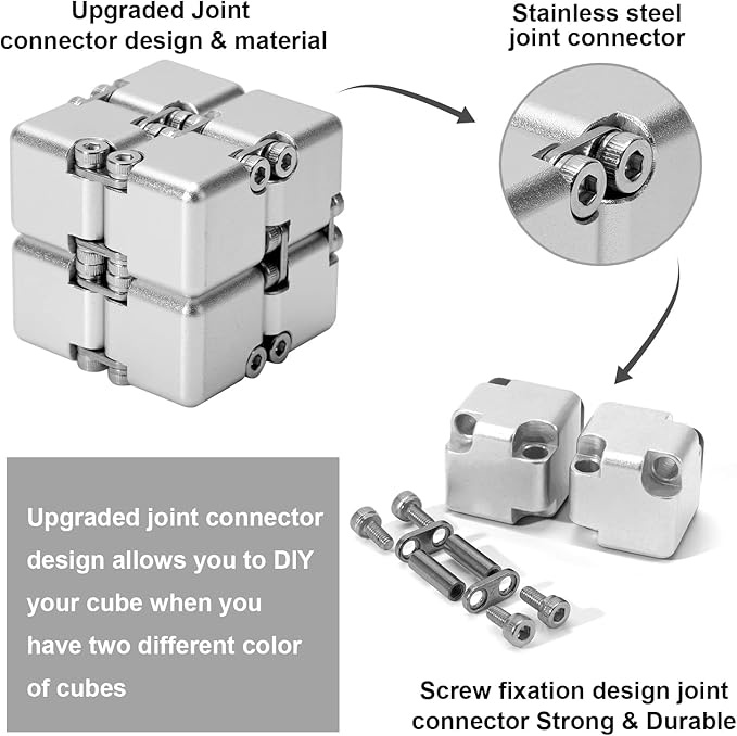 Aluminum Alloy Metal Infinity Cube Fidget Cube (6 Colors) Handheld Fidget Toy Desk Toy with Cool Case Infinity Magic Cube Relieve Stress Anxiety ADHD OCD for Kids and Adults (Silver)