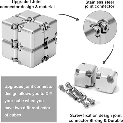 Aluminum Alloy Metal Infinity Cube Fidget Cube (6 Colors) Handheld Fidget Toy Desk Toy with Cool Case Infinity Magic Cube Relieve Stress Anxiety ADHD OCD for Kids and Adults (Silver)