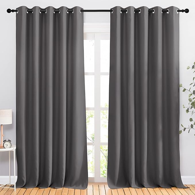 NICETOWN Blackout Curtains Panels for Bedroom - 3 Pass Microfiber Noise Reducing Thermal Insulated Solid Ring Top Blackout Window Drapes (2 Panels, 66 x 90 Inch, Gray)