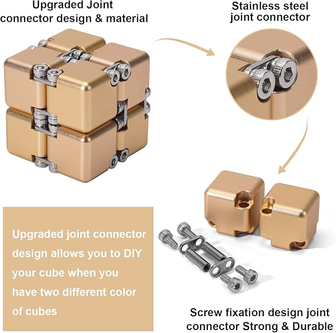 Aluminum Alloy Metal Infinity Cube Fidget Cube (6 Colors) Handheld Fidget Toy Desk Toy with Cool Case Infinity Magic Cube Relieve Stress Anxiety ADHD OCD for Kids and Adults (Gold)