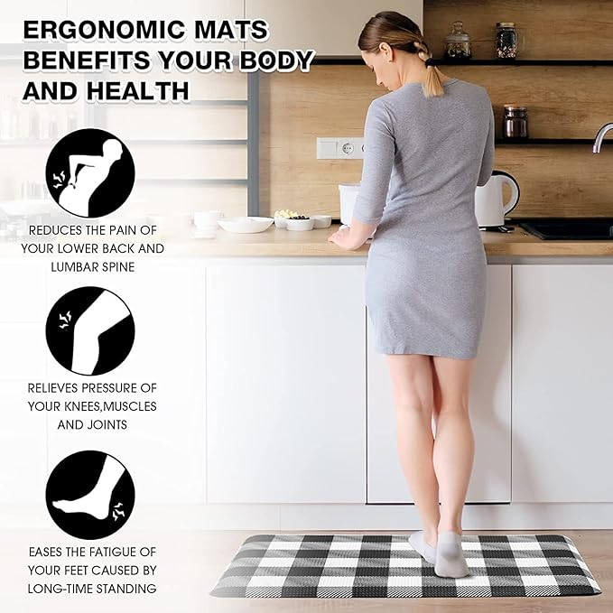 MAYHMYO Anti Fatigue Kitchen Rug Kitchen Floor Mat Cushioned Black and White Buffalo Plaid Kitchen Rugs and Mats Non Skid Waterproof Kitchen Mats for Floor Laundry Office Sink, 17.3"x59"