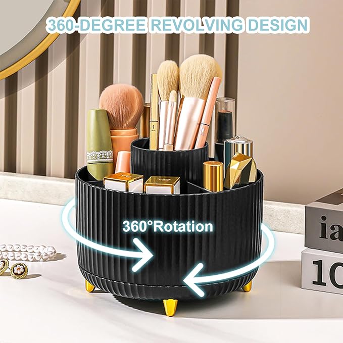 Pencil Holder For Desk,5 Slots 360°Degree Rotating Desk Organizers And Accessories,Desktop Storage Stationery Supplies Organizer, Cute Pencil Cup Pot For Office, School, Home (H-Black)