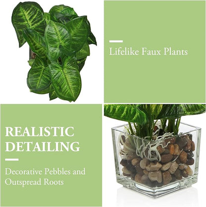 MyGift Set of 3 Artificial Plants, Faux Tabletop Greenery w/Clear Glass Pots