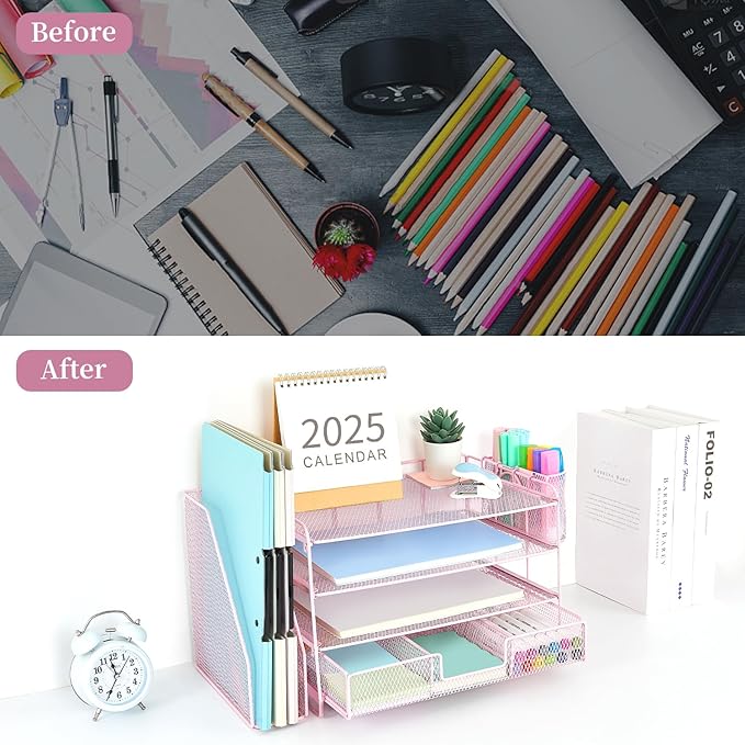 gianotter Paper Organizer with File Holder for Desk, 4 Tier Letter Tray Office Desk Organizers and Accessories - Workspace Organizers with Drawer and 2 Pen Holder for Office Supplies (Pink)