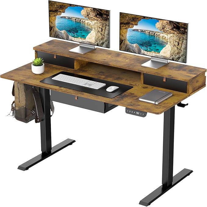 Veken Standing Desk with 3 Drawers and Raised Storage Shelf, Electric Height Adjustable Sit Stand Table, Ergonomic Office Computer Desks for Workstation, Home, Study, Writing, Gaming, 47.2 Inch, Brown