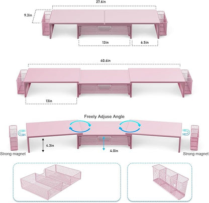 gianotter Dual Monitor Stand Riser, Desk Organizer With Drawer and 2 Pen Holders, Desk Accessories & Workspace Organizers, Monitor Stand for Desk, Office Decor Essentials (Pink)