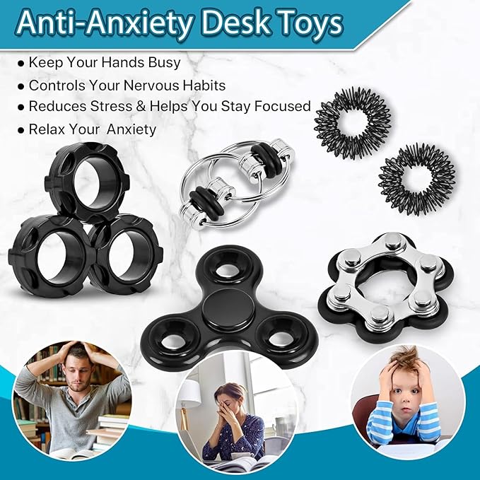 Dr.Kbde 12 Pcs Fidget Toys Adults Pack Stress Relief Sensory Toys for Kids Teen Cool Gadgets Desk Toys Flippy Roller Bike Chain Figits Rings Figette Spinners Classroom Prizes Gift for ADHD Boy Girls