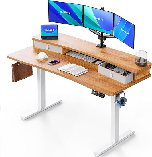 HUANUO 55″ x 26″ Electric Standing Desk with 2 Drawers, C-Clamp Mount Compatible, Height Adjustable Computer Desk, Home Office Stand Up Desk with 4 Preset Heights & 2 Hooks, Light Vintage