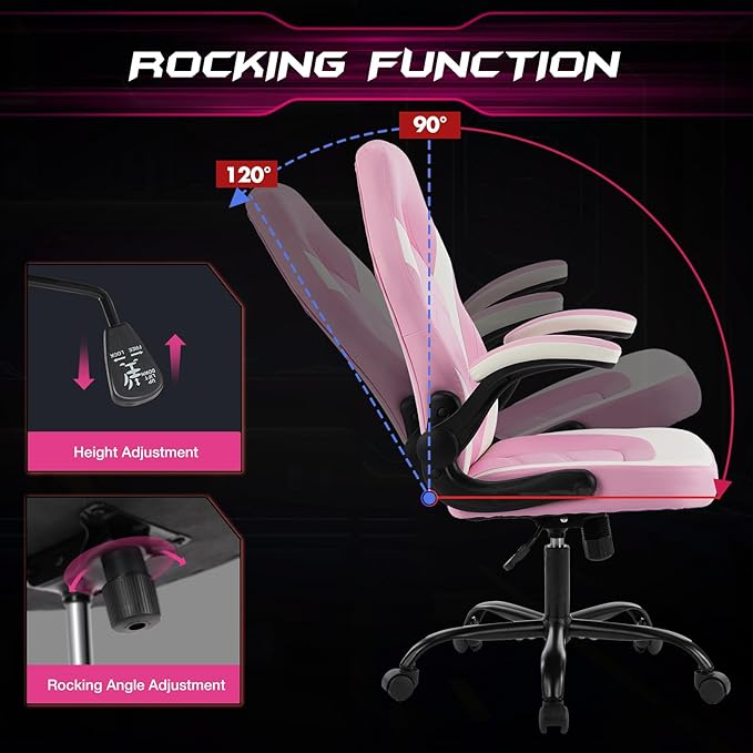 Sweetcrispy Computer Gaming Desk Chair - Pink Ergonomic Office Executive Adjustable Swivel Task PU Leather Racing Chair with Flip-up Armrest for Adults, Kids, Men, Girls, Gamer, White Pink