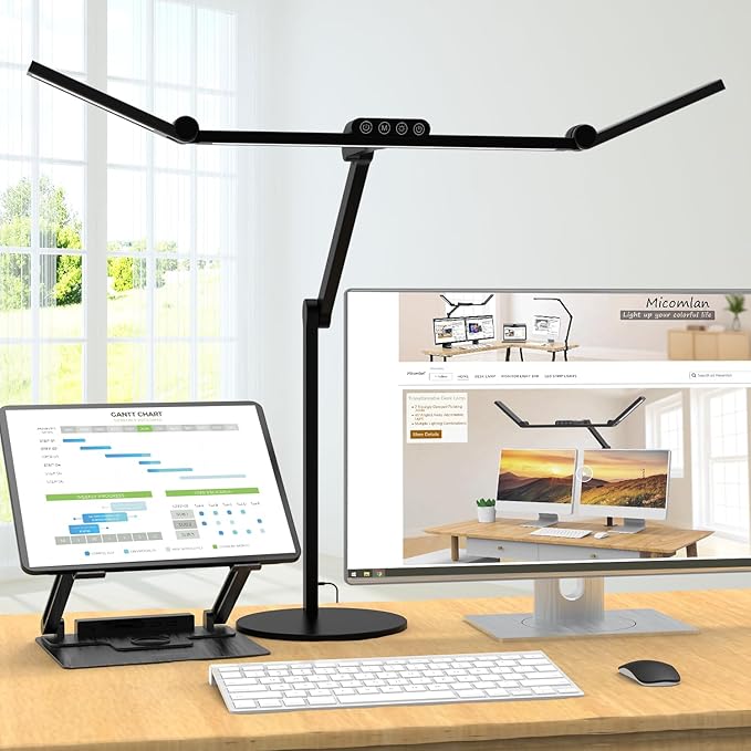 Micomlan Architect Desk Lamp with Atmosphere Lighting, Adjustable Led Desk Light for Home Office with Base, 24W Bright Auto Dimming Table Light with Rotatable Swing Arm for Workbench Computer