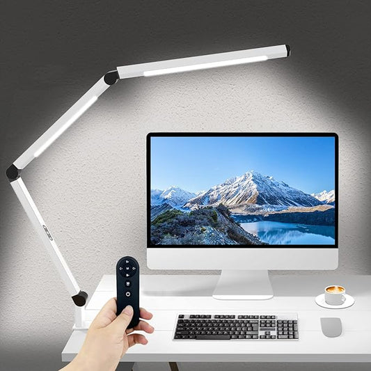 Micomlan LED Desk Lamp for Home Office, Architect Clamp Desk Lamp with Remote Control, Adjustable Swing Arm Clamp on Desk Light Clip-on Dual Light 5 Brightness Levels & 4 CCT Modes Table Light