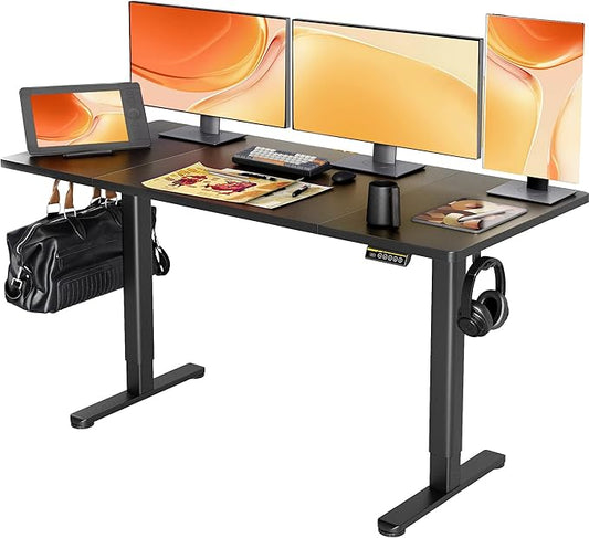 Electric Standing Desk, Adjustable Height Stand up Desk, 63x24 Inches Sit Stand Home Office Desk with Splice Board, Black Frame/Black Top