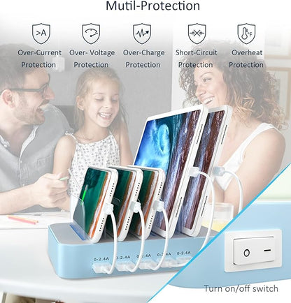 Charging Station for Multiple Devices, 5 Port USB-A Charging Station with 7 Short Mixed Cables, Designed for iPhone iPad Cell Phone Tablets and Other Electronics, Blue