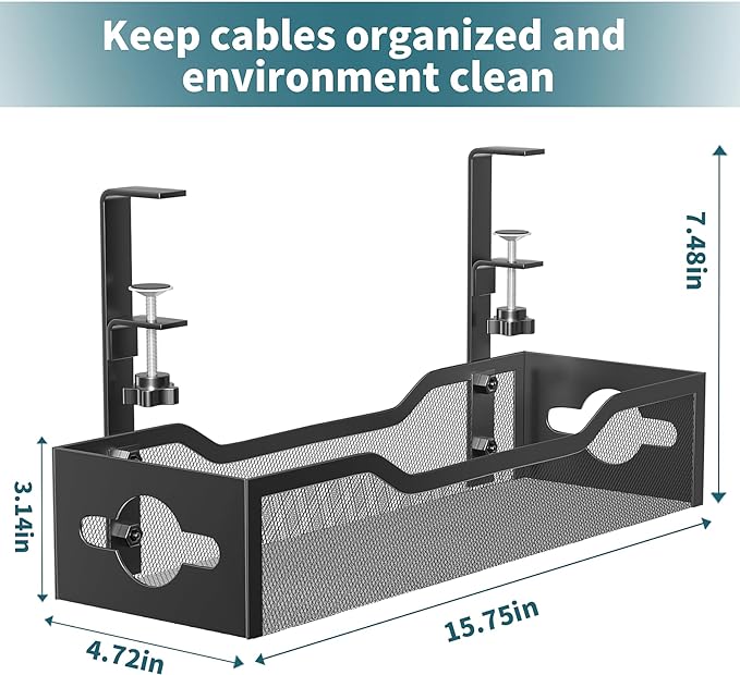 Under Desk Cable Management Tray Black, Litwaro Cable Management Under Desk No Drill, Desk Cable Organizer with Clamp for Desk Cord Organizer, Desk Wire Management No Damage to Desk for Office, Home