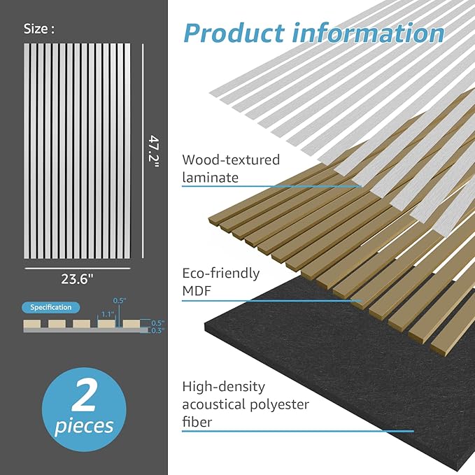 Art3d 2 Wood Slat Acoustic Panels for Wall and Ceiling - 3D Fluted Sound Absorbing Panel with Wood Finish - Brushed Silver