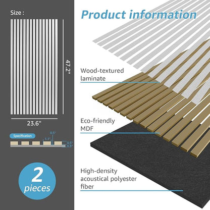 Art3d 2 Wood Slat Acoustic Panels for Wall and Ceiling - 3D Fluted Sound Absorbing Panel with Wood Finish - Brushed Silver