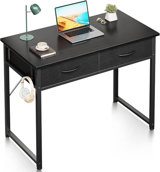 ODK Small Desk with Fabric Drawers- for Bedroom, White Study Desk with Storage, Home Office Computer Desk for Small Spaces, 32 Inch Modern Work Writing Kids Table, Black