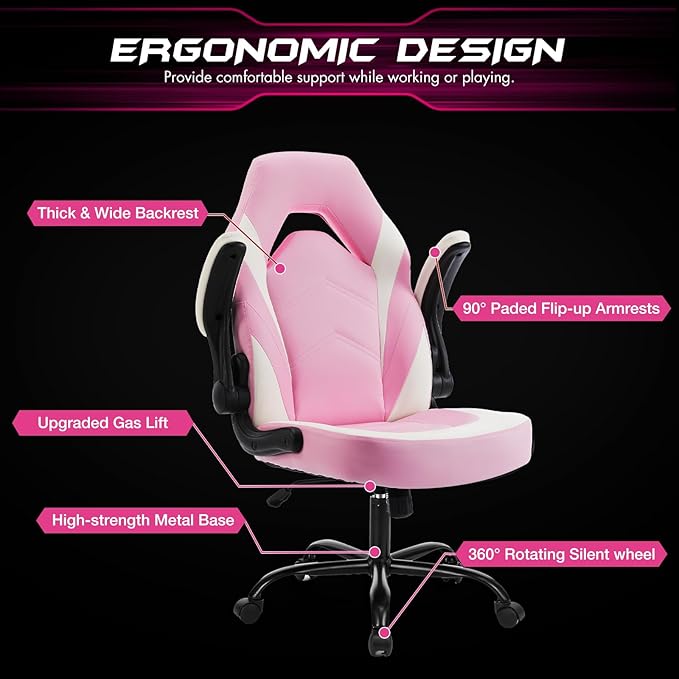 Sweetcrispy Computer Gaming Desk Chair - Pink Ergonomic Office Executive Adjustable Swivel Task PU Leather Racing Chair with Flip-up Armrest for Adults, Kids, Men, Girls, Gamer, White Pink