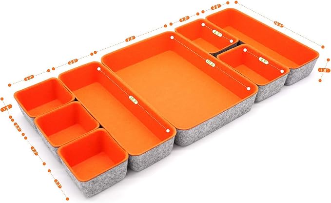 Welaxy desk drawer organizers bin trays dividers small shallow felt storage box sturdy office suppliers closet cabinet makeup crafts pens 8-piece (Orange)