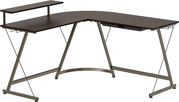 SHW Vista L-Shape Desk with Monitor Stand, Espresso