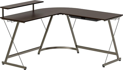 SHW Vista L-Shape Desk with Monitor Stand, Espresso